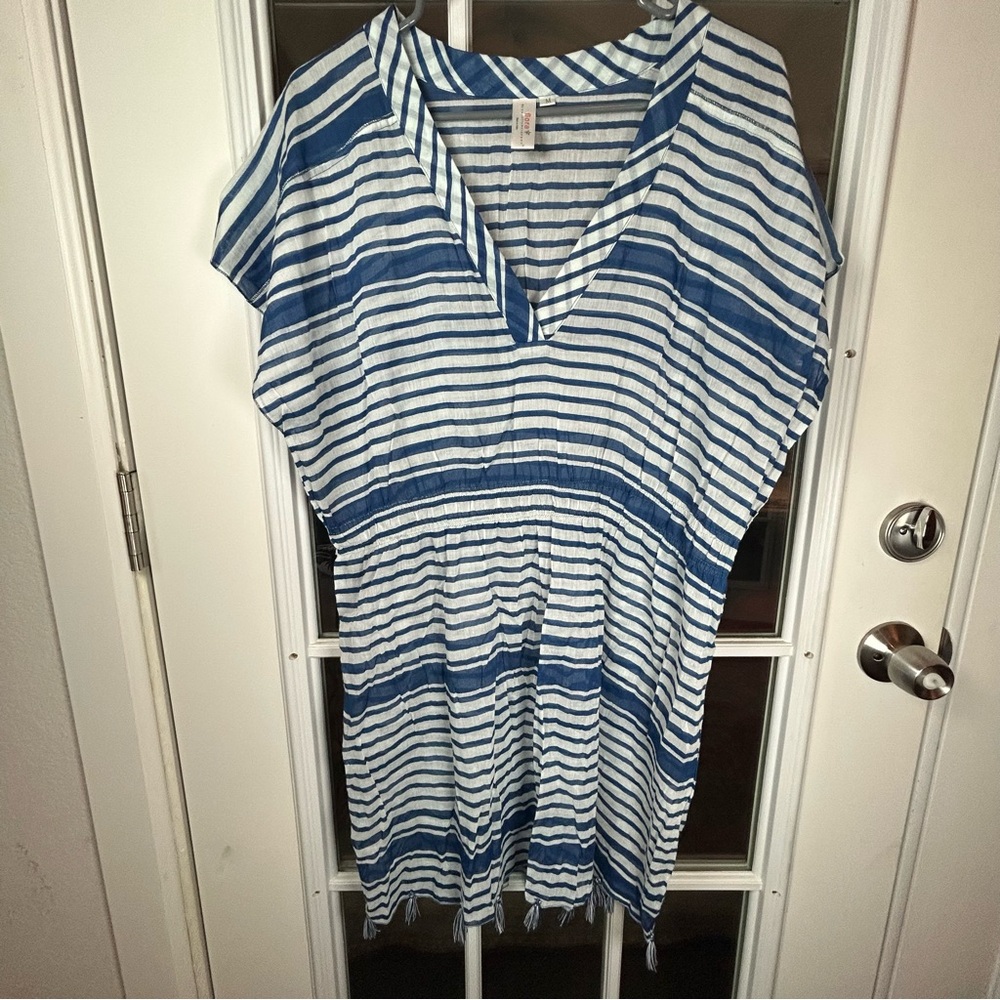 Nautical Blue and White‎ Striped Women's Swim Coverup Size Medium